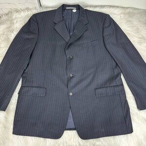 Hickey Freeman Men's Blue Tan Striped Wool Three Button Business Suit Jacket 46R
